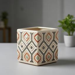 Maceta decorativa de cerámica artesanal con diseño geométrico, ideal para interiores modernos